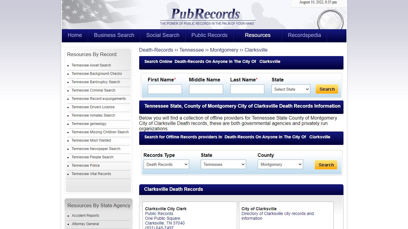 Clarksville, Montgomery County, Tennessee Death Records